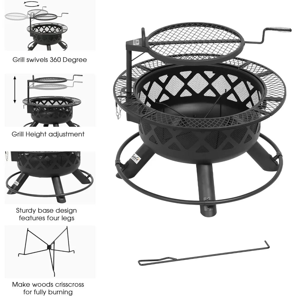 Wood Burning Fire Pit  Removable Cooking Grill,