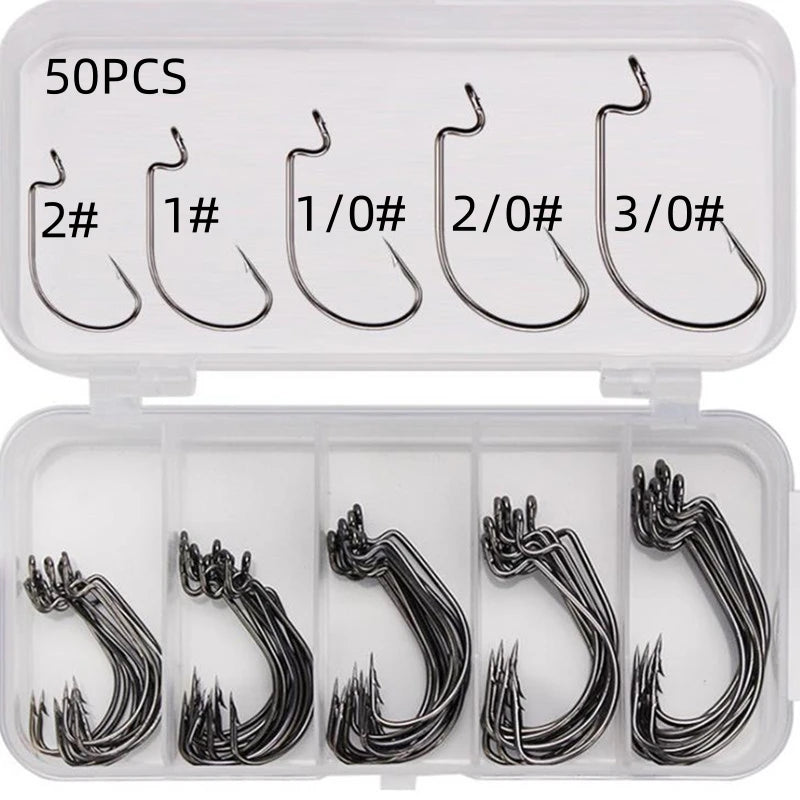 50Pcs Box  Barbed Stainless  Offset  Worm Hook