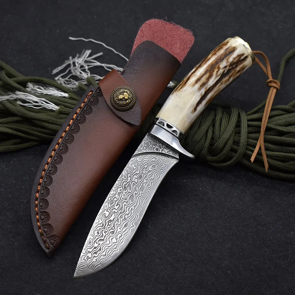 Damascus Steel  Camping Straight Knife  Horn Handle