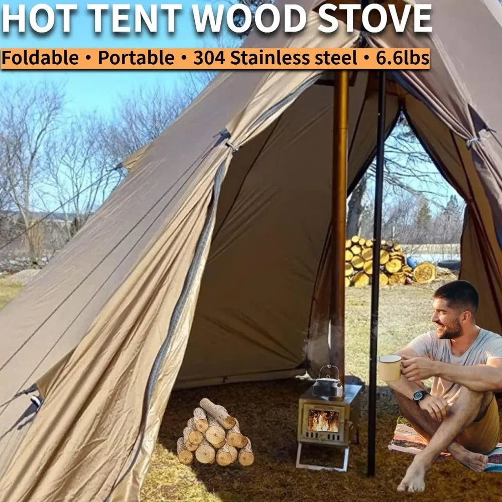 Folding Tent Wood Stove with 7.2ft Chimney