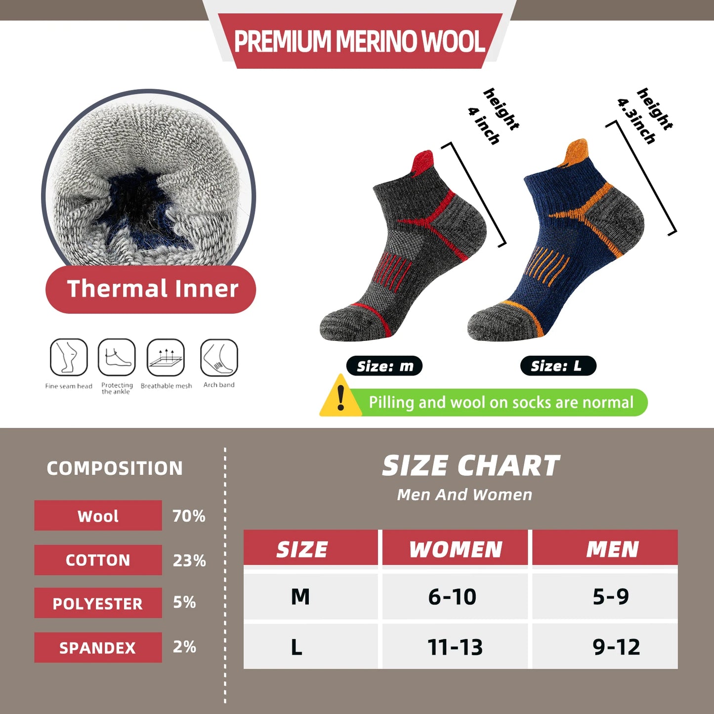 6 Pairs Merino Wool Ankle Hiking  Socks