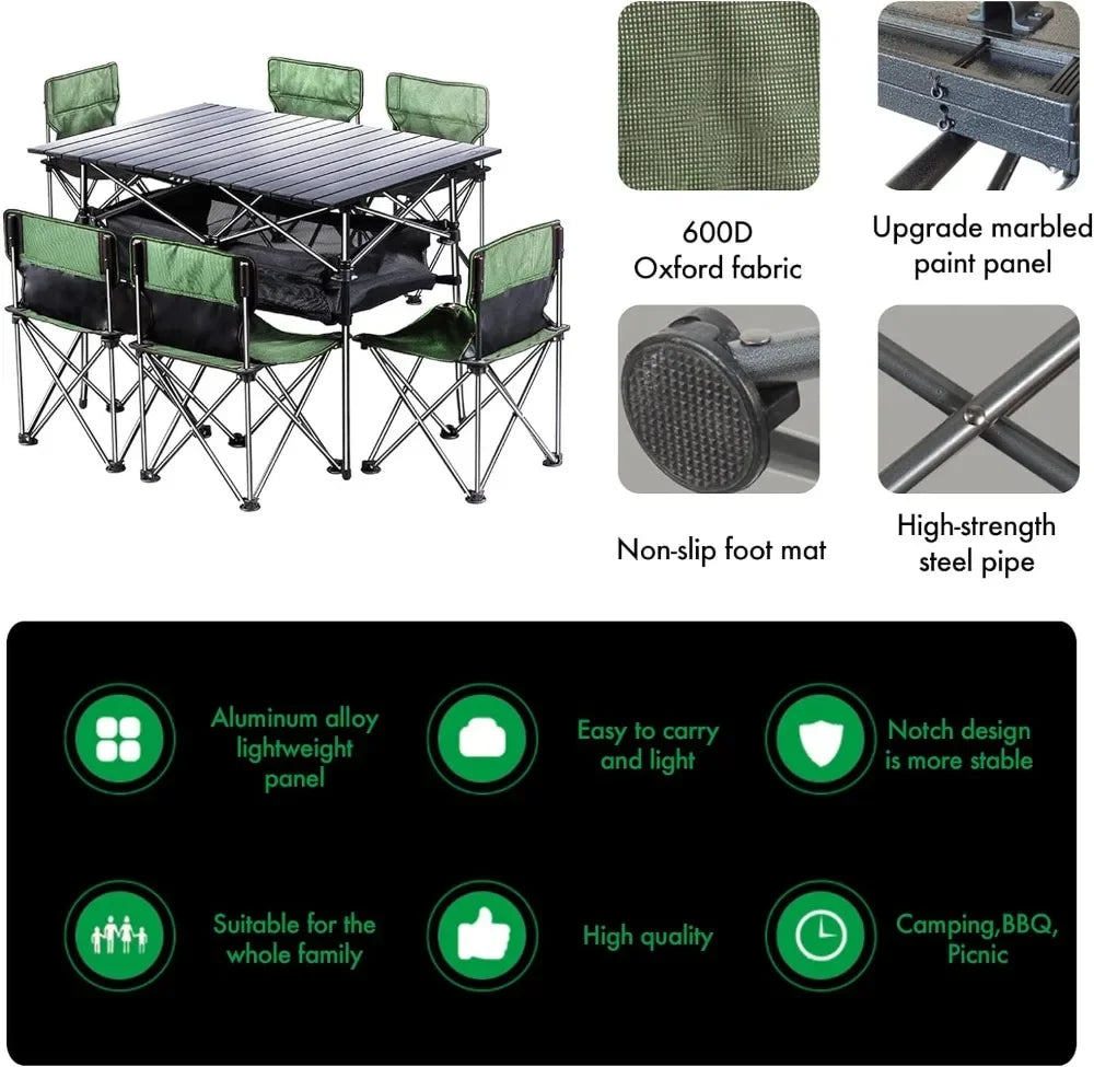 Folding Camping Table  6 Chairs, Portable  for Outdoors,