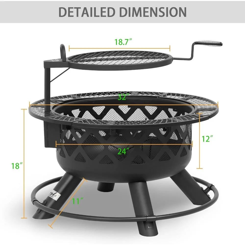 Wood Burning Fire Pit  Removable Cooking Grill,