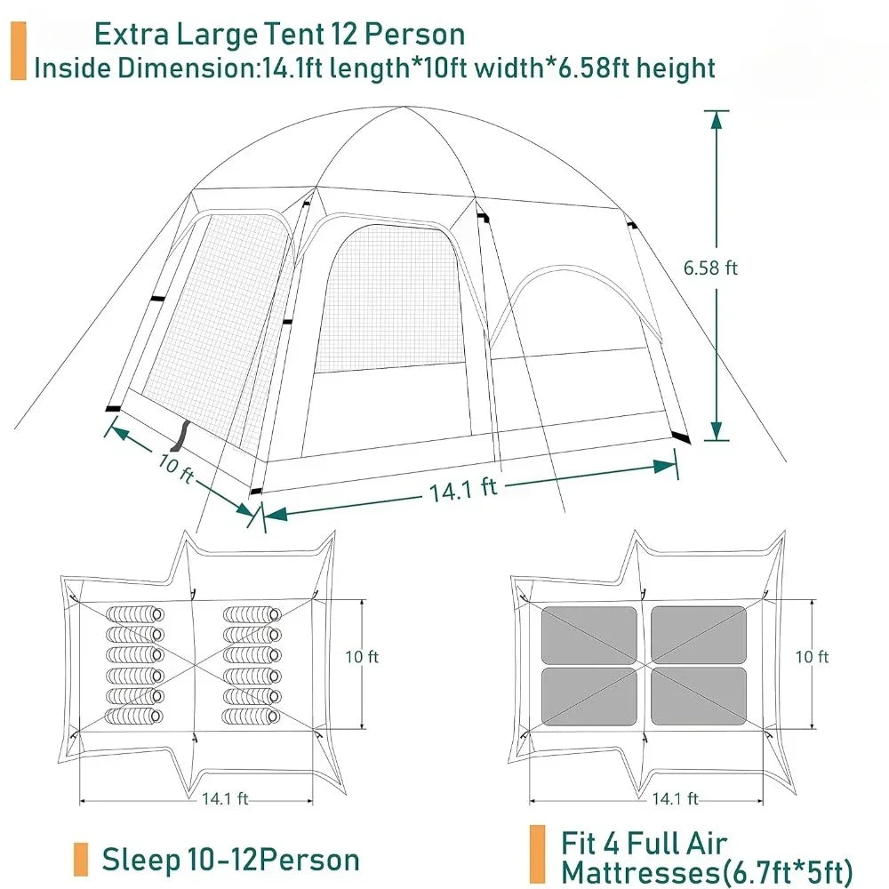 Large 12 Person, Family Cabin Tents,3 Doors