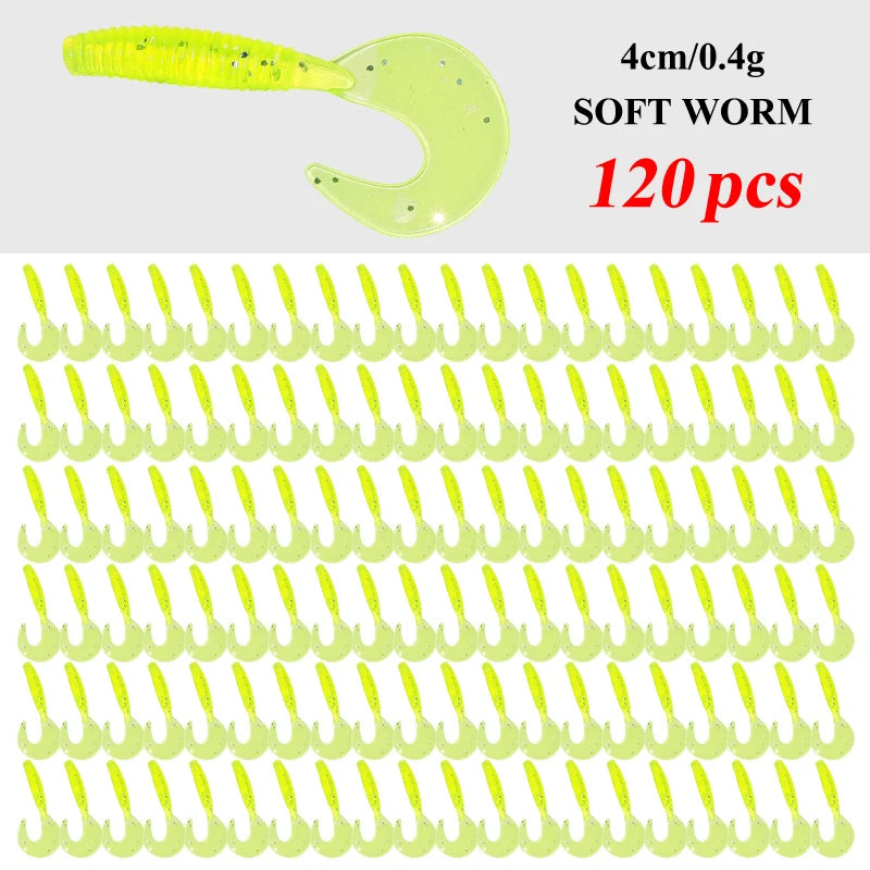 120Pcs  Fishing Silicone Worm Grub Lure