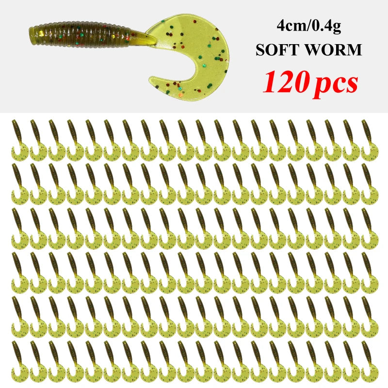 120Pcs  Fishing Silicone Worm Grub Lure