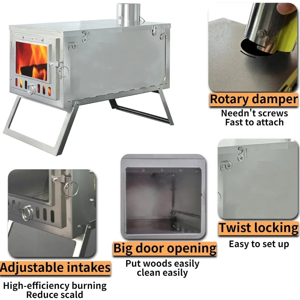 Folding Tent Wood Stove with 7.2ft Chimney