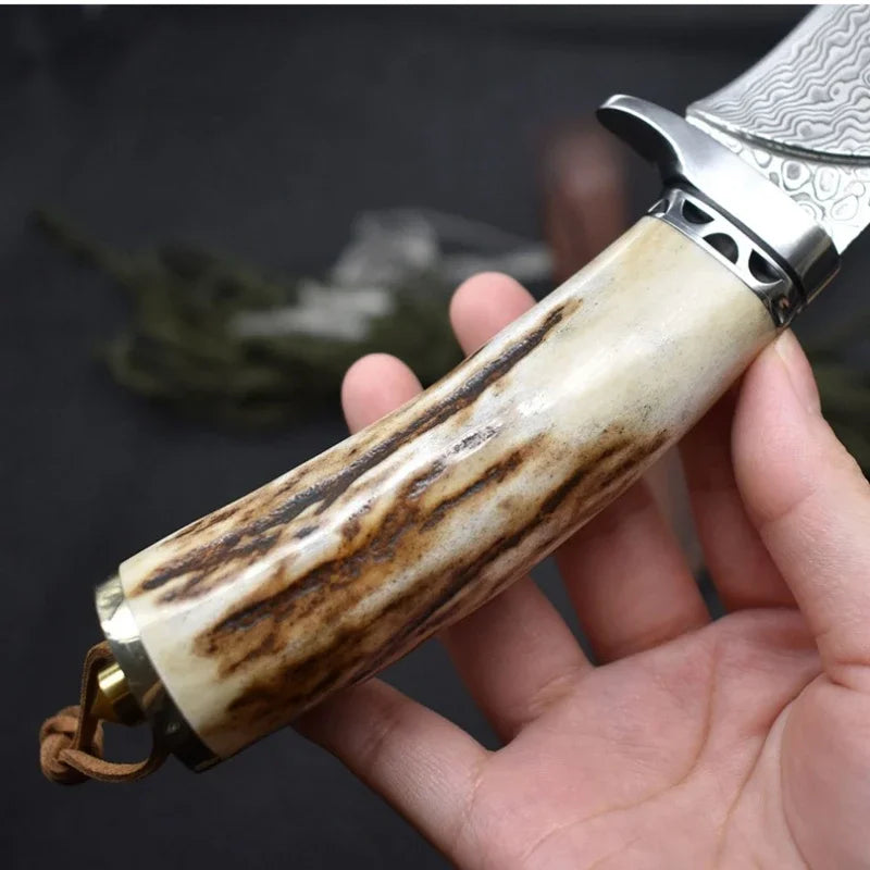 Damascus Steel  Camping Straight Knife  Horn Handle