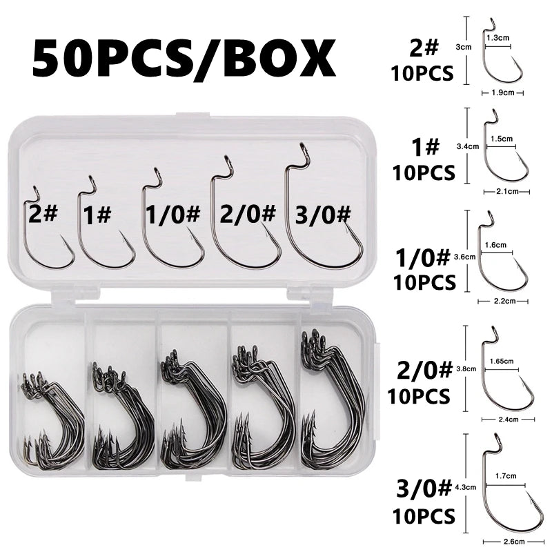 50Pcs Box  Barbed Stainless  Offset  Worm Hook