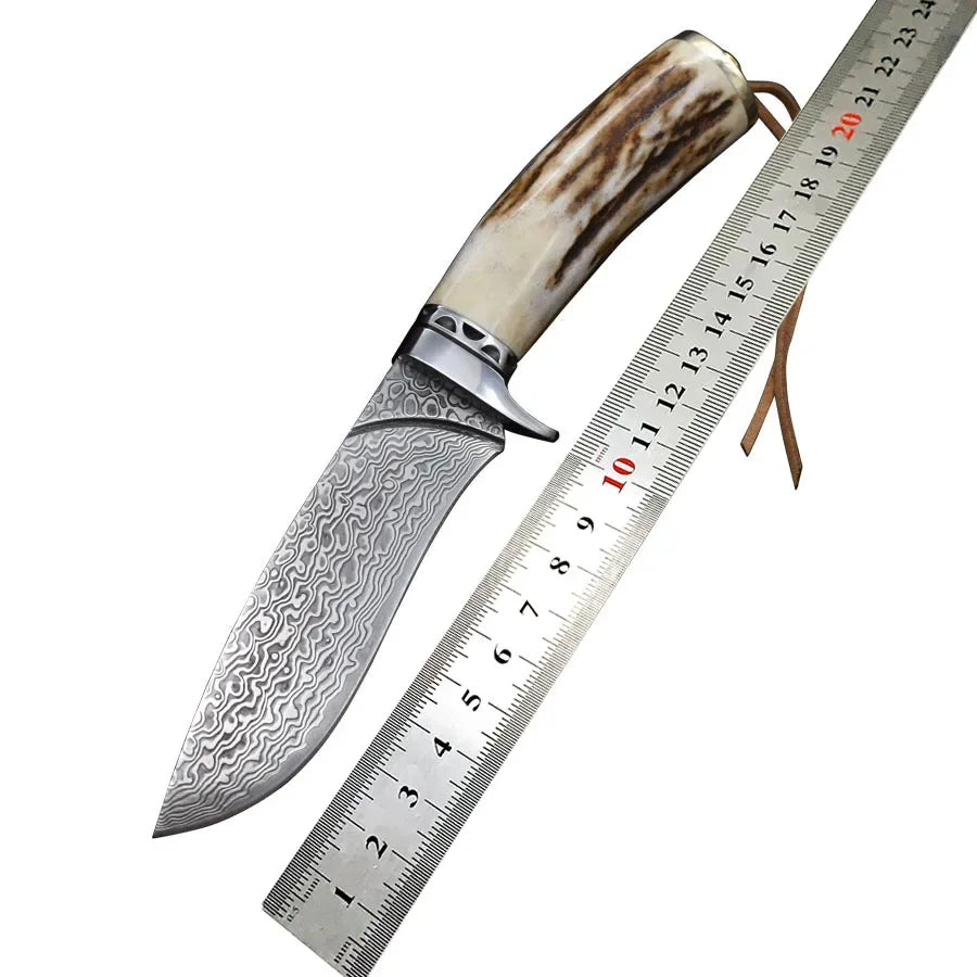 Damascus Steel  Camping Straight Knife  Horn Handle