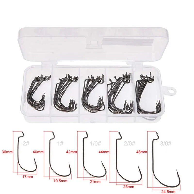 50Pcs Box  Barbed Stainless  Offset  Worm Hook