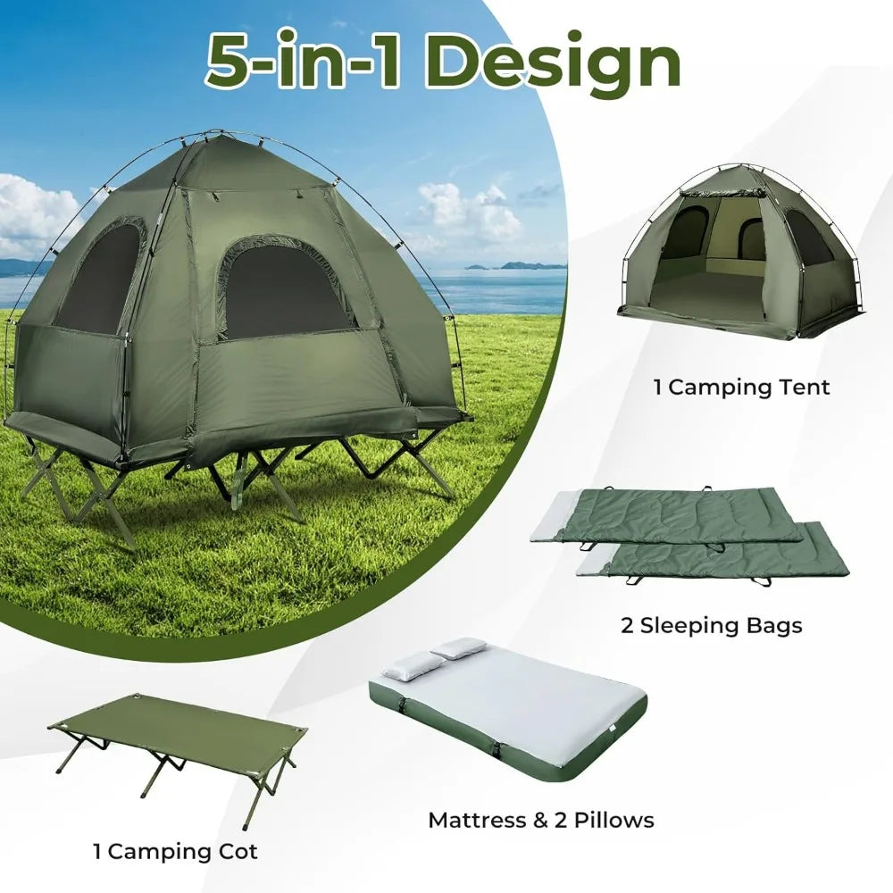 5-in-1  Camping Cot  Mattress & Pillows, Sleeping Bags,Tent