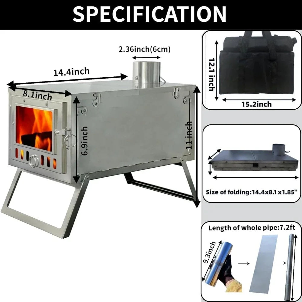 Folding Tent Wood Stove with 7.2ft Chimney