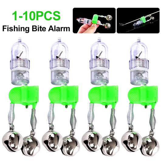 1-10PCS LED Night Fishing Rod Bite Bait Alarm Light with Twin Bells Fishing Bite Alarm Indicator Fishing Accessories