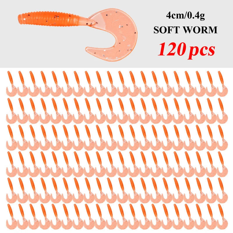 120Pcs  Fishing Silicone Worm Grub Lure