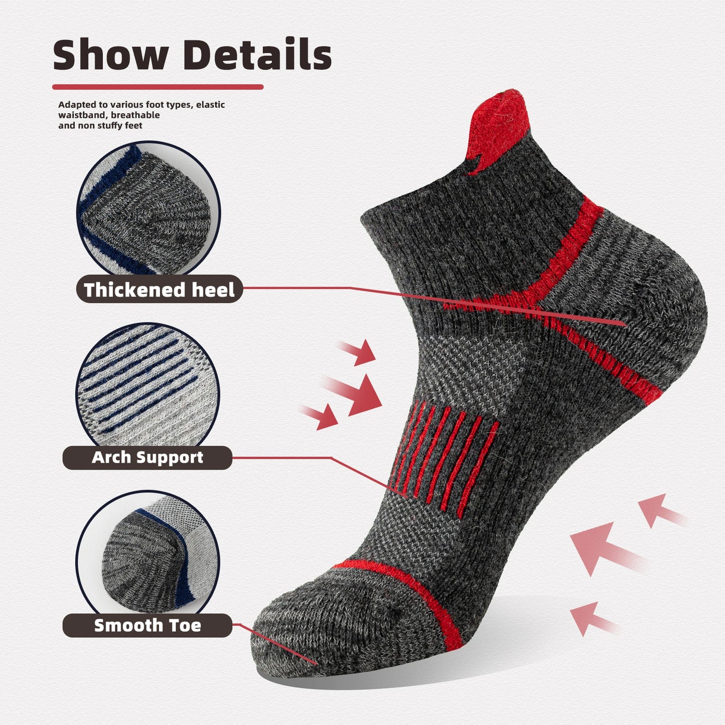 6 Pairs Merino Wool Ankle Hiking  Socks