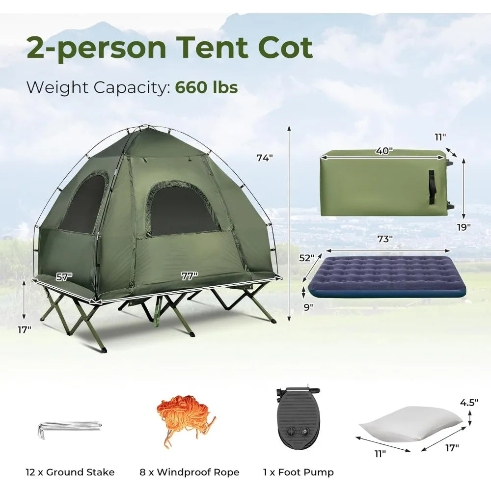 5-in-1  Camping Cot  Mattress & Pillows, Sleeping Bags,Tent