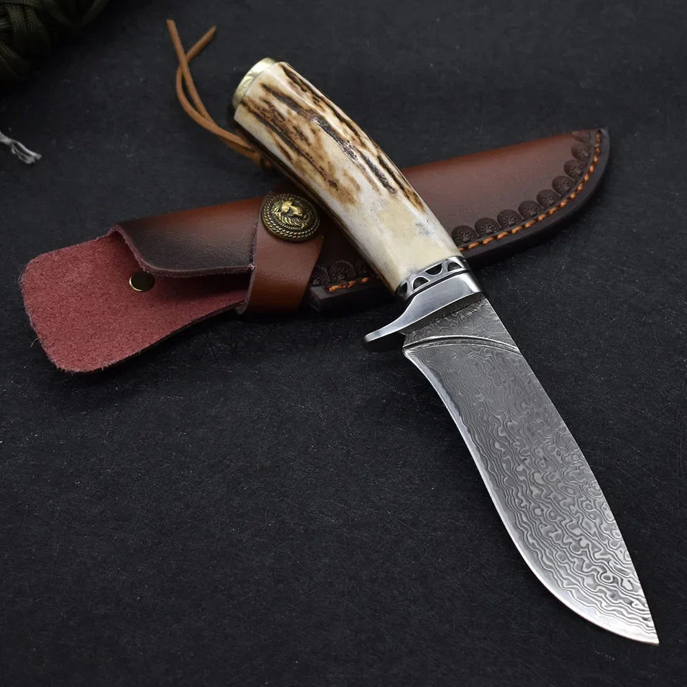 Damascus Steel  Camping Straight Knife  Horn Handle